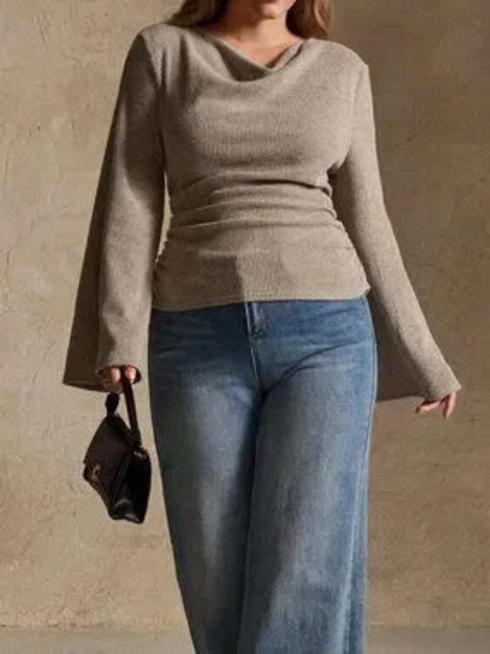 Apricot Casual Women's Boat Neck Flare Sleeve Rib-Knit Ruched Chiffon Knit Top